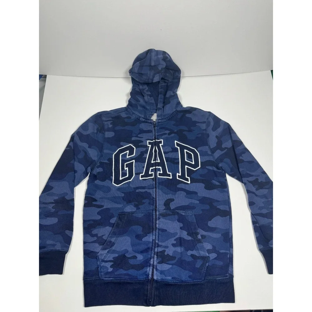 Gap Kids Hoodie Boys XL Blue Camouflage Fleece Lined Arch Logo Full Zip Cotton‎